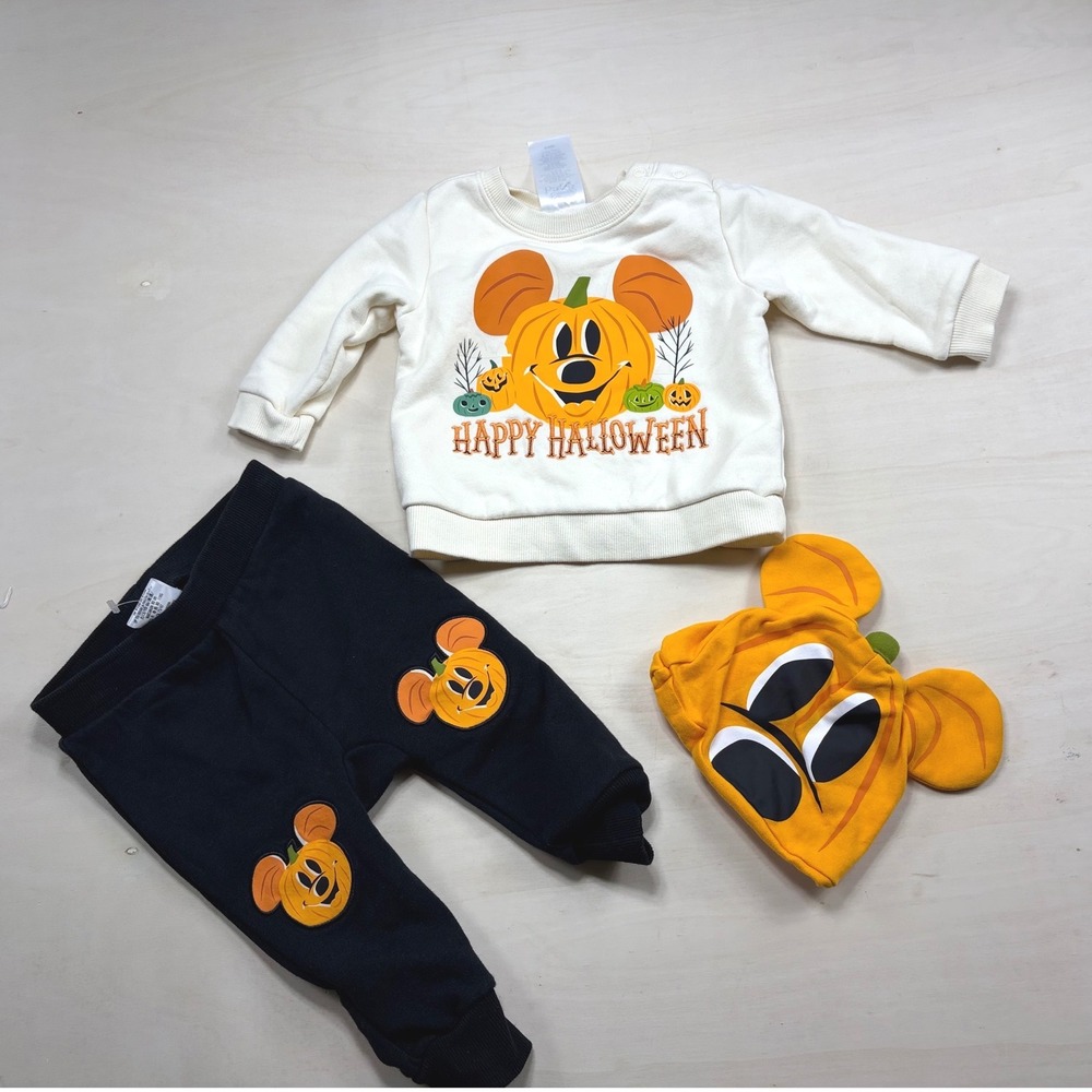 Disney Baby Mickey Mouse Pumpkin Halloween Sweatshirt Joggers Beanie Set 9-12M
